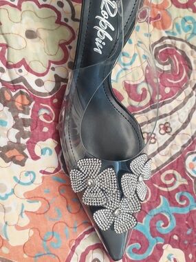 Clear Black Pointed Slingback with Crystal Flower Accents